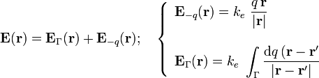 \mathbf{E}(\mathbf{r})=\mathbf{E}_\Gamma(\mathbf{r})+\mathbf{E}_{-q}(\mathbf{r})\mathrm{;}\quad\left\{\begin{array}{l}\displaystyle\mathbf{E}_{-q}(\mathbf{r})=k_e\ \frac{q\!\ \mathbf{r}}{|\mathbf{r}|}\\ \\ \displaystyle\mathbf{E}_\Gamma(\mathbf{r})=k_e\ \int_\Gamma\frac{\mathrm{d}q\!\ (\mathbf{r}-\mathbf{r}^\prime}{|\mathbf{r}-\mathbf{r}^\prime|}\end{array}\right.