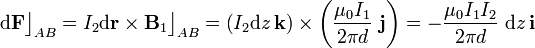 \mathrm{d}\mathbf{F}\big\rfloor_{AB}=I_2\mathrm{d}\mathbf{r}\times\mathbf{B}_1\big\rfloor_{AB}=\left(I_2\mathrm{d}z\!\ \mathbf{k}\right)\times\left(\frac{\mu_0I_1}{2\pi d}\ \mathbf{j}\right)=-\frac{\mu_0 I_1I_2}{2\pi d}\ \mathrm{d}z\!\ \mathbf{i}