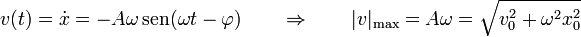 v(t) = \dot{x}=-A\omega\,\mathrm{sen}(\omega t -\varphi)\qquad\Rightarrow\qquad |v|_\mathrm{max} =A\omega = \sqrt{v_0^2+\omega^2x_0^2}