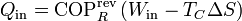 Q_\mathrm{in} = \mathrm{COP}^\mathrm{rev}_R\left(W_\mathrm{in}-T_C\Delta S\right)\,