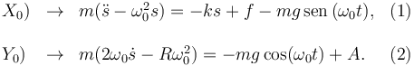 
\begin{array}{lclr}
X_0) & \to & m(\ddot{s} -\omega_0^2s) = -ks + f -mg\,\mathrm{sen}\,(\omega_0t)
, & (1)\\
&&&\\
Y_0) & \to & m(2\omega_0\dot{s}-R\omega_0^2) = -mg\cos(\omega_0t) + A.& (2)
\end{array}
