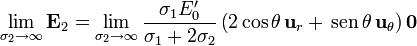 \lim_{\sigma_2\to \infty}\mathbf{E}_2=\lim_{\sigma_2\to \infty}\frac{\sigma_1E'_0}{\sigma_1+2\sigma_2}\left(2\cos\theta\,\mathbf{u}_r+\,\mathrm{sen}\,\theta\,\mathbf{u}_\theta\right)\mathbf{0}