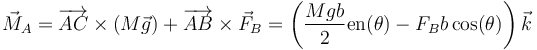 \vec{M}_A=\overrightarrow{AC}\times(M\vec{g})+\overrightarrow{AB}\times\vec{F}_B=\left(\frac{Mgb}{2}\mathrm{en}(\theta)-F_Bb\cos(\theta)\right)\vec{k}