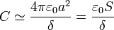 C \simeq \frac{4\pi\varepsilon_0a^2}{\delta}=\frac{\varepsilon_0S}{\delta}