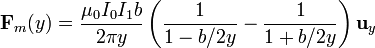 \mathbf{F}_m(y)=\frac{\mu_0I_0I_1b}{2\pi y}\left(\frac{1}{1-b/2y}-\frac{1}{1+b/2y}\right)\mathbf{u}_y