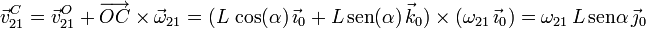 
\vec{v}^C_{21} = \vec{v}^O_{21} + \overrightarrow{OC}\times\vec{\omega}_{21}=
 (L\,\cos(\alpha)\,\vec{\imath}_0 +
L\,\mathrm{sen}(\alpha)\,\vec{k}_0)\times(\omega_{21}\,\vec{\imath}_0)
=
\omega_{21}\,L\,\mathrm{sen}\alpha\,\vec{\jmath}_0
