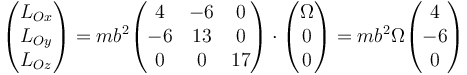 \begin{pmatrix}L_{Ox}\\ L_{Oy}\\ L_{Oz}\end{pmatrix}=mb^2\begin{pmatrix}4 & -6 & 0 \\ -6 & 13 & 0 \\ 0 & 0 & 17 \end{pmatrix}\cdot\begin{pmatrix}\Omega\\ 0\\0\end{pmatrix}=mb^2\Omega\begin{pmatrix}4\\ -6\\0\end{pmatrix}