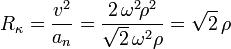 R_{\kappa}=\frac{v^{2}}{a_n}=\frac{2\,\omega^{2}\!\rho^2}{\sqrt{2}\,\omega^{2}\rho}=\sqrt{2}\,\rho