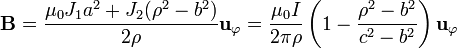 \mathbf{B} = \frac{\mu_0J_1a^2+J_2(\rho^2-b^2)}{2\rho}\mathbf{u}_\varphi=\frac{\mu_0 I}{2\pi\rho}\left(1-\frac{\rho^2-b^2}{c^2-b^2}\right)\mathbf{u}_\varphi