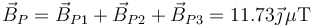 \vec{B}_P=\vec{B}_{P1}+\vec{B}_{P2}+\vec{B}_{P3}=11.73\vec{\jmath}\,\mu\mathrm{T}