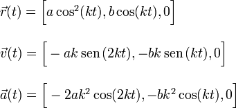 
  \begin{array}{l}
    \vec{r}(t) = \Big[a\cos^2(kt),b\cos(kt),0\Big]\\ \\
    \vec{v}(t) = \Big[-ak\,\mathrm{sen}\,(2kt),-bk\,\mathrm{sen}\,(kt),0\Big]\\ \\
    \vec{a}(t) = \Big[-2ak^2\cos(2kt),-bk^2\cos(kt),0\Big]
  \end{array}
