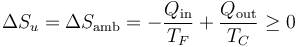 \Delta S_u = \Delta S_\mathrm{amb}=-\frac{Q_\mathrm{in}}{T_F}+\frac{Q_\mathrm{out}}{T_C}\geq 0