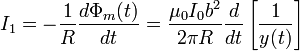 
I_1=-\frac{1}{R}\frac{d\Phi_m(t)}{dt}=\frac{\mu_0I_0b^2}{2\pi R } 
\frac{d}{dt}\left[\frac{1}{y(t)}\right]