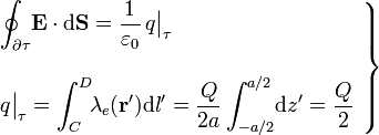 \left.\begin{array}{l}\displaystyle \oint_{\partial \tau}\!\mathbf{E}\cdot \mathrm{d}\mathbf{S}=\frac{1}{\varepsilon_0} \, q\big|_\tau \\ \\ \displaystyle q\big|_\tau=\int_C^D\!\!\lambda_e(\mathbf{r'})\mathrm{d}l'=\frac{Q}{2a}\int_{-a/2}^{a/2}\!\mathrm{d}z'=\frac{Q}{2}\end{array}\right\}