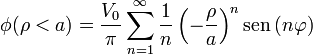 \phi(\rho<a) = \frac{V_0}{\pi}\sum_{n=1}^\infty \frac{1}{n}\left(-\frac{\rho}{a}\right)^n\mathrm{sen}\,(n\varphi)