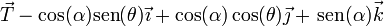 \vec{T}-\cos(\alpha)\mathrm{sen}(\theta)\vec{\imath}+
\cos(\alpha)\cos(\theta)\vec{\jmath}+\,\mathrm{sen}(\alpha)\vec{k}