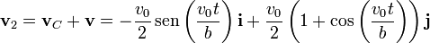 \mathbf{v}_2 = \mathbf{v}_C+\mathbf{v}= -\frac{v_0}{2}\,\mathrm{sen}\left(\frac{v_0t}{b}\right)\mathbf{i}+\frac{v_0}{2}\left(1+\cos\left(\frac{v_0t}{b}\right)\right)\mathbf{j}