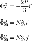 
  \left.
  \begin{array}{l}
    \vec{\Phi}^D_{21} = -\dfrac{2P}{3}\vec{\imath}\\ \\
    \vec{\Phi}^B_{20} = N^B_{20}\,\vec{\imath}\\ \\
    \vec{\Phi}^C_{20} = N^C_{20}\,\vec{\jmath}
  \end{array}
  \right.
