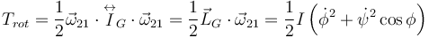 
T_{rot} = \dfrac{1}{2}\vec{\omega}_{21}\cdot\stackrel{\leftrightarrow}{I}_G\cdot\vec{\omega}_{21} =
\dfrac{1}{2}\vec{L}_G\cdot\vec{\omega}_{21}
=
\dfrac{1}{2}I\left(\dot{\phi}^2 + \dot{\psi}^2\cos\phi\right)
