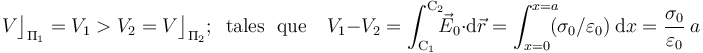 V\big\rfloor_{\Pi_1}=V_1>V_2=V\big\rfloor_{\Pi_2}\mathrm{;}\;\;\,\mathrm{tales}\,\;\,\mathrm{que}\,\;\;\; V_1-V_2=\int_{\mathrm{C}_1}^{\mathrm{C}_2}\!\!\!\vec{E}_0\cdot\mathrm{d}\vec{r}=\int_{x=0}^{x=a}\!\!\!(\sigma_0/\varepsilon_0)\ \mathrm{d}x=\frac{\sigma_0}{\varepsilon_0}\ a