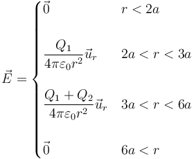 \vec{E}=\begin{cases} \vec{0} & r < 2a \\ & \\ \displaystyle \frac{Q_1}{4\pi \varepsilon_0 r^2}\vec{u}_r & 2a <r < 3a \\ & \\ \displaystyle \frac{Q_1+Q_2}{4\pi \varepsilon_0 r^2}\vec{u}_r & 3a <r < 6a \\ & \\ \vec{0} & 6a < r\end{cases}