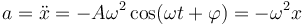 a = \ddot{x}=-A\omega^2\cos(\omega t+\varphi)=-\omega^2 x\,