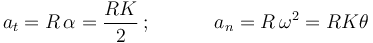 
a_t=R\,\alpha=\frac{RK}{2}\,;\,\,\,\,\,\,\,\,\,\,\,\,\,\,\,\,\,\,\,
a_n=R\,\omega^2=RK\theta
