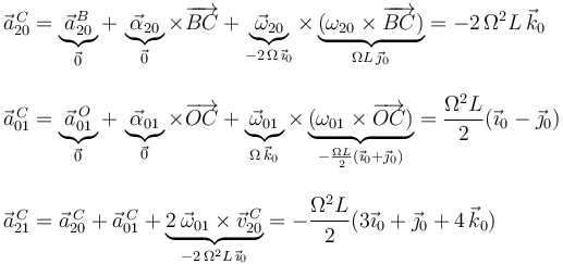 \begin{array}{l}
\vec{a}^{\, C}_{20}=\displaystyle\underbrace{\vec{a}^{B}_{20}}_{\vec{0}}+\,\underbrace{\vec{\alpha}_{20}}_{\vec{0}}\times\overrightarrow{BC}+\underbrace{\vec{\omega}_{20}}_{-2\,\Omega\,\vec{\imath}_0}\times\underbrace{(\omega_{20}\times\overrightarrow{BC})}_{\Omega L\,\vec{\jmath}_0}=-2\,\Omega^2 L\,\vec{k}_0 \\ \\
\vec{a}^{\, C}_{01}=\displaystyle\underbrace{\vec{a}^{\, O}_{01}}_{\vec{0}}+\,\underbrace{\vec{\alpha}_{01}}_{\vec{0}}\times\overrightarrow{OC}+\underbrace{\vec{\omega}_{01}}_{\Omega\,\vec{k}_0}\times\underbrace{(\omega_{01}\times\overrightarrow{OC})}_{-\frac{\Omega L}{2}(\vec{\imath}_0+\vec{\jmath}_0)}=\displaystyle\frac{\Omega^2 L}{2}(\vec{\imath}_0-\vec{\jmath}_0) \\ \\ \vec{a}^{\, C}_{21}=\vec{a}^{\, C}_{20}+\vec{a}^{\, C}_{01}+\underbrace{2\,\vec{\omega}_{01}\times\vec{v}^{\, C}_{20}}_{-2\,\Omega^2 L\,\vec{\imath}_0}=-\displaystyle\frac{\Omega^2 L}{2}(3\vec{\imath}_0+\vec{\jmath}_0+4\,\vec{k}_0)
\end{array}