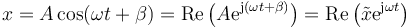 x = A \cos(\omega t + \beta) = \mathrm{Re}\left(A \mathrm{e}^{\mathrm{j}(\omega t + \beta)}\right) = \mathrm{Re}\left(\tilde{x}\mathrm{e}^{\mathrm{j}\omega t}\right)
