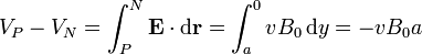 V_P - V_N = \int_P^N \mathbf{E}\cdot\mathrm{d}\mathbf{r}= \int_a^0 vB_0\,\mathrm{d}y=-vB_0a