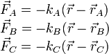 
  \left.
  \begin{array}{l}
    \vec{F}_A = -k_A(\vec{r}-\vec{r}_A)\\
    \vec{F}_B  = -k_B(\vec{r}-\vec{r}_B)\\
    \vec{F}_C  = -k_C(\vec{r}-\vec{r}_C)
  \end{array}
  \right.
