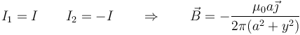 I_1=I\qquad I_2=-I\qquad\Rightarrow\qquad \vec{B}=-\frac{\mu_0a\vec{\jmath}}{2\pi(a^2+y^2)}