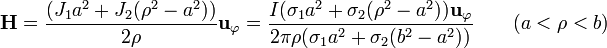 \mathbf{H} = \frac{(J_1 a^2 + J_2(\rho^2-a^2))}{2\rho}\mathbf{u}_{\varphi}=
\frac{I (\sigma_1 a^2 + \sigma_2(\rho^2-a^2))\mathbf{u}_{\varphi}}{2\pi\rho(\sigma_1
a^2+\sigma_2(b^2-a^2))}\qquad (a<\rho<b)
