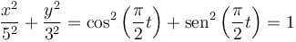 \frac{x^2}{5^2}+\frac{y^2}{3^2}=\cos^2\left(\frac{\pi}{2}t\right)+\mathrm{sen}^2\left(\frac{\pi}{2}t\right)=1