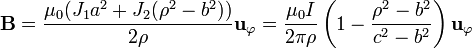 \mathbf{B} = \frac{\mu_0(J_1a^2+J_2(\rho^2-b^2))}{2\rho}\mathbf{u}_\varphi=\frac{\mu_0 I}{2\pi\rho}\left(1-\frac{\rho^2-b^2}{c^2-b^2}\right)\mathbf{u}_\varphi