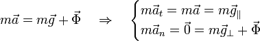 m\vec{a}=m\vec{g}+\vec{\Phi}\quad\Rightarrow\quad\begin{cases}m\vec{a}_t = m\vec{a} = m\vec{g}_\parallel & \\ m\vec{a}_n = \vec{0} = m\vec{g}_\perp + \vec{\Phi} & \end{cases}