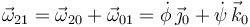 
\vec{\omega}_{21} = \vec{\omega}_{20} + \vec{\omega}_{01} = \dot{\phi}\,\vec{\jmath}_0 + \dot{\psi}\,\vec{k}_0
