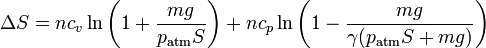 \Delta S = nc_v\ln\left(1+\frac{mg}{p_\mathrm{atm}S}\right)+nc_p\ln\left(1-\frac{mg}{\gamma(p_\mathrm{atm}S+mg)}\right)