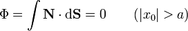 \Phi = \int \mathbf{N}\cdot\mathrm{d}\mathbf{S}=0\qquad (|x_0|>a)