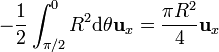 -\frac{1}{2}\int_{\pi/2}^0R^2\mathrm{d}\theta\mathbf{u}_x = \frac{\pi R^2}{4}\mathbf{u}_x