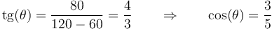 \mathrm{tg}(\theta)=\frac{80}{120-60}=\frac{4}{3}\qquad\Rightarrow\qquad \cos(\theta) = \frac{3}{5}