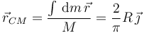 
\vec{r}_{CM} = \dfrac{\int\,\mathrm{d}m \,\vec{r}}{M} = \dfrac{2}{\pi}R\,\vec{\jmath}
