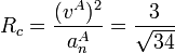 R_c = \frac{(v^A)^2}{a^A_n} = \frac{3}{\sqrt{34}}