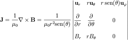 \mathbf{J} = \frac{1}{\mu_0}\nabla\times\mathbf{B} = \frac{1}{\mu_0r^2\mathrm{sen}(\theta)}\left|\begin{matrix}\mathbf{u}_r & r\mathbf{u}_\theta & r\,\mathrm{sen}(\theta)\mathbf{u}_\varphi \\ & & \\ \displaystyle\frac{\partial }{\partial r} & \displaystyle\frac{\partial }{\partial \theta} & 0 \\ & & \\ B_r & rB_\theta & 0\end{matrix}\right|
