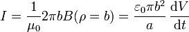 I = \frac{1}{\mu_0}2\pi b B(\rho=b) = \frac{\varepsilon_0\pi b^2}{a}\,\frac{\mathrm{d}V}{\mathrm{d}t}