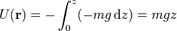 U(\mathbf{r}) =-\int_0^z(-mg\,\mathrm{d}z)= mg z\,