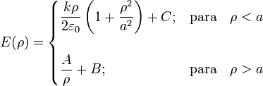 E(\rho)=\begin{cases}\displaystyle \frac{k \rho}{2\varepsilon_0}\left(1+\frac{\rho^2}{a^2}\right)+C; & \mathrm{para}\quad \rho<a \\ \\ \displaystyle \frac{A}{\rho}+B; & \mathrm{para}\quad \rho>a \end{cases}