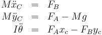 \begin{array}{rcl}
M\ddot{x}_C & = & F_B \\
M\ddot{y}_C & = & F_A-Mg \\
I\ddot{\theta} & = & F_Ax_c-F_By_c
\end{array}