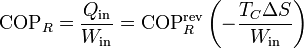 \mathrm{COP}_R = \frac{Q_\mathrm{in}}{W_\mathrm{in}} = \mathrm{COP}^\mathrm{rev}_R\left(-\frac{T_C\Delta S}{W_\mathrm{in}}\right)