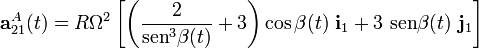 \mathbf{a}_{21}^A(t)=R\Omega^2\left[\left(\frac{2}{\mathrm{sen}^3\beta(t)}+3\right)\cos\beta(t)\ \mathbf{i}_1+3\ \mathrm{sen}\beta(t)\ \mathbf{j}_1\right]